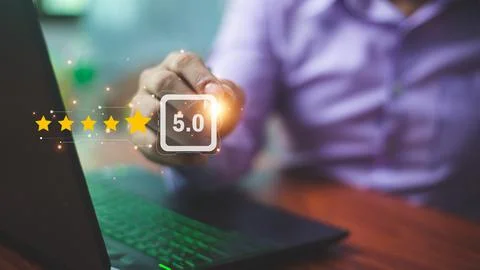 Customer hand review feedback five star rating service or product quality p.. Stock Photos