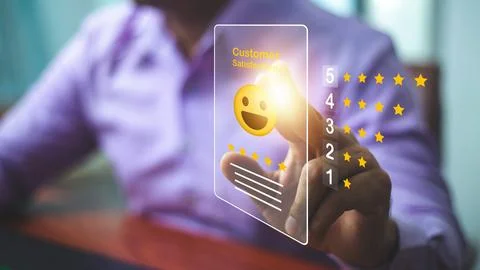 Customer hand review feedback five star rating service or product quality p.. Stock Photos