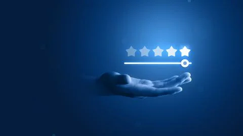 Customer hand review feedback glowing rating five star service best product.. Stock Photos