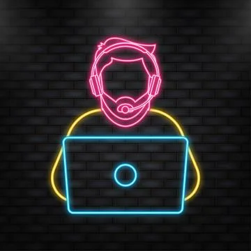 Customer help. Tech support. Neon icon. Cartoon vector illustration. Feedback 스톡 일러스트