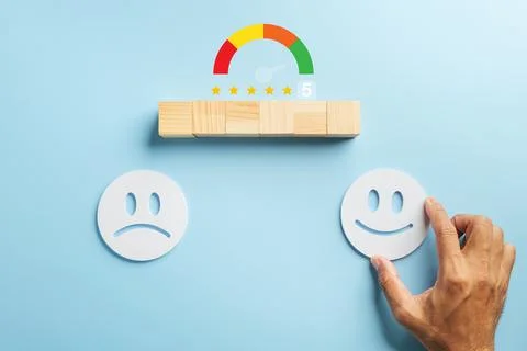 Customer improve experience satisfaction service concept, sad face before, .. Stock Photos