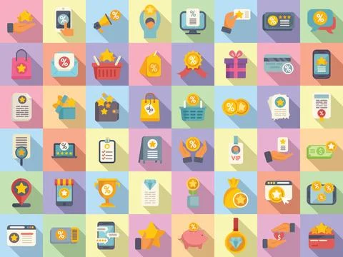Customer loyalty program icons set flat vector. Reward member Stock Illustration