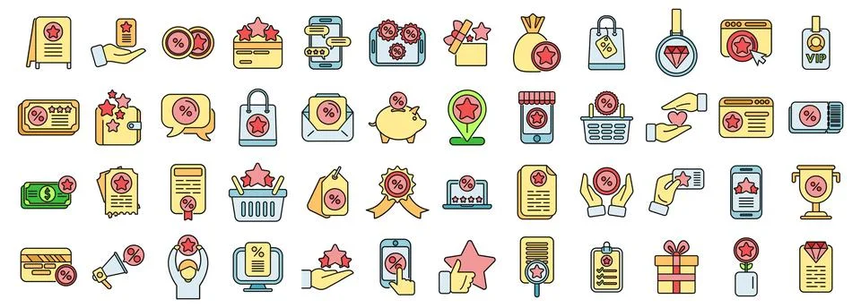 Customer loyalty program icons set vector color line Illustration