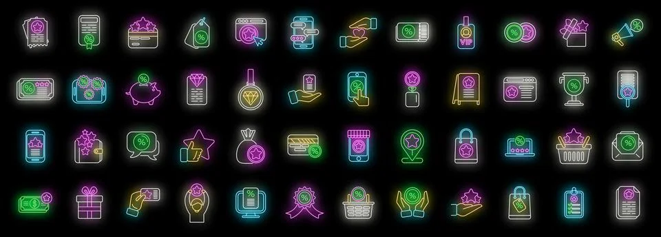 Customer loyalty program icons set vector neon Stock Illustration