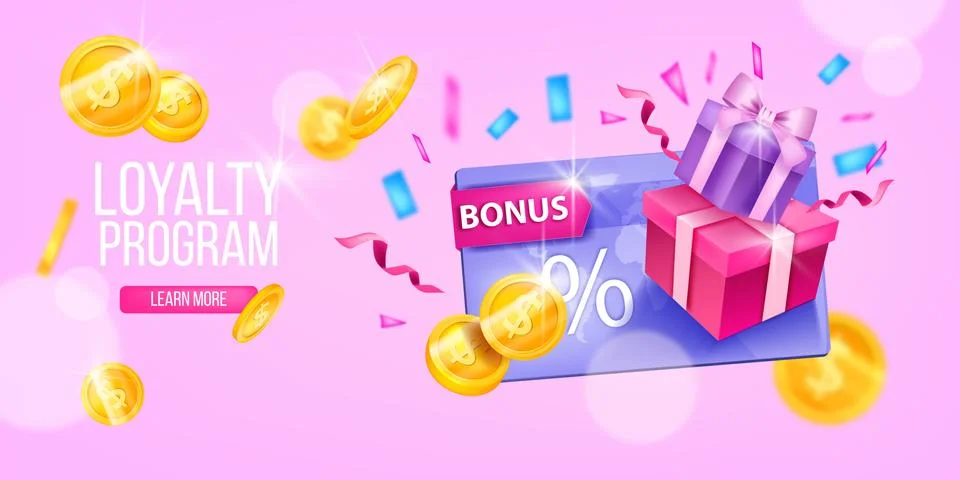 Customer loyalty program, vector gift card, web page banner, present box Stock-Illustration