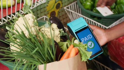 Customer Makes Cashless Card Payment via POS Terminal for Produce in Ghana Video stock 345838658