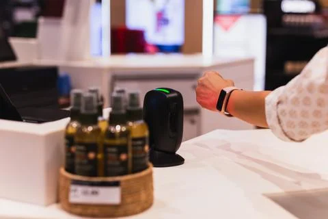 Customer making wireless payment using smartwatch at shopping store. 写真素材