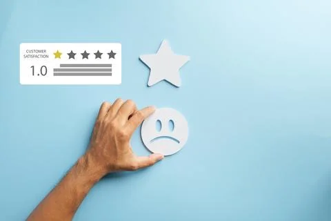 Customer negative feedback illustrated by hand placing sad face icon displa.. Stock Photos