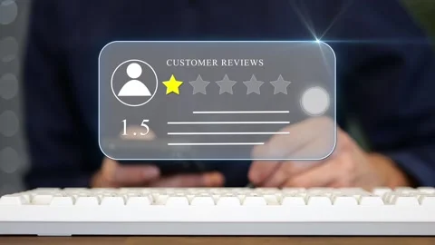 Customer in office with digital graphic popup leaving one yellow star bad Vídeos de archivo 337866122