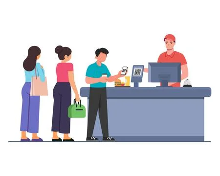 Customer pay using QR code contactless payment by mobile phone Illustrazione stock