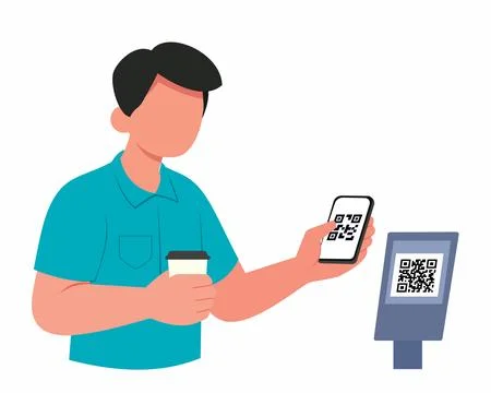 Customer pay using QR code contactless payment by mobile phone Stock Illustration