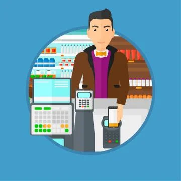 Customer paying wireless with smartphone. Stock Illustration