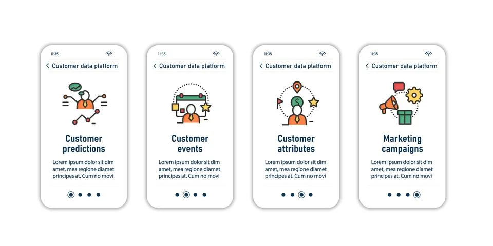 Customer platform onboarding mobile app screens Stock Illustration