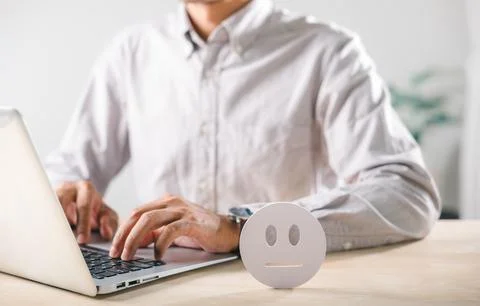Customer provides service quality feedback, survey neutral satisfaction ico.. Stock Photos