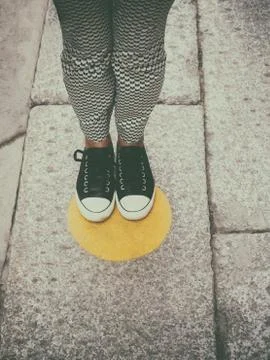 Customer queueing at safe distance and floor markings Stock Photos