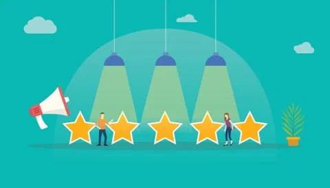 Customer rating star feedback with team people standing with big stars Illustrazione stock