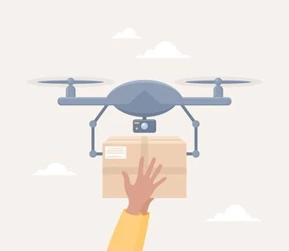 Customer receiving a package delivered by drone. Flat vector illustration 스톡 일러스트