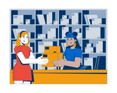 Customer receiving packages from postal worker at post-office 2D illustration 스톡 일러스트