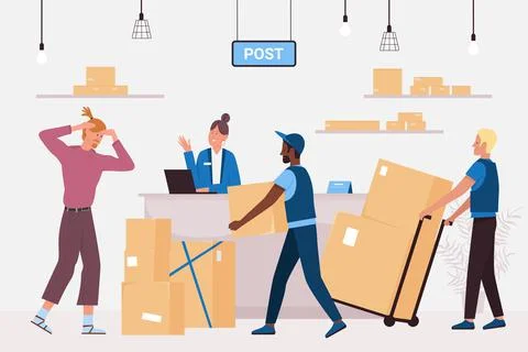 Customer receiving parcels at counter of post office, postal workers carry Illustrazione stock