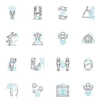 Customer relations linear icons set. Satisfaction, Loyalty, Engagement, Trust Stock Illustration