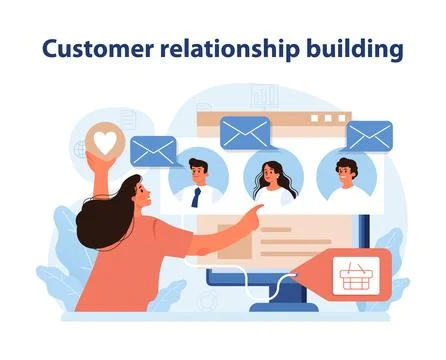 Customer Relationship Building Illustration. A marketer connects with clients Illustrazione stock