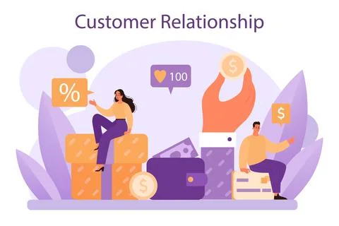 Customer relationship. Commercial program for client retention. Illustrazione stock