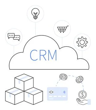 Customer Relationship Management Cloud with Icons for Communication, Shoppi.. Stock Illustration