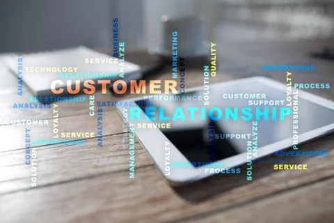 Customer relationship management concept on the virtual screen. Words cloud. Stock Illustration