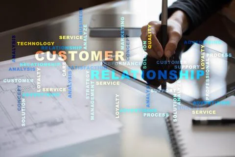 Customer relationship management concept on the virtual screen. Words cloud. 스톡 사진