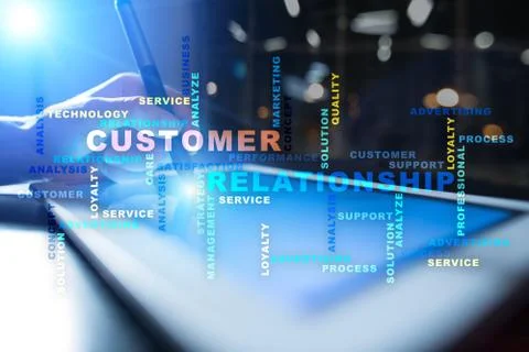 Customer relationship management concept on the virtual screen. Words cloud. Stock Photos