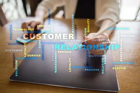 Customer relationship management concept on the virtual screen. Words cloud. 스톡 사진
