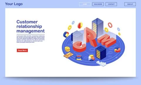 Customer relationship management database isometric landing page template Stock Illustration