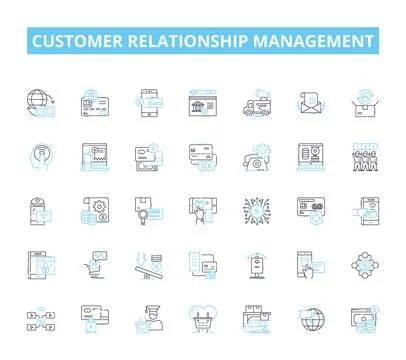 Customer relationship management linear icons set. Engagement, Retention Illustrazione stock