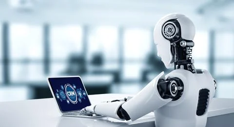 Customer relationship management system on modish computer for CRM business Stock Illustration