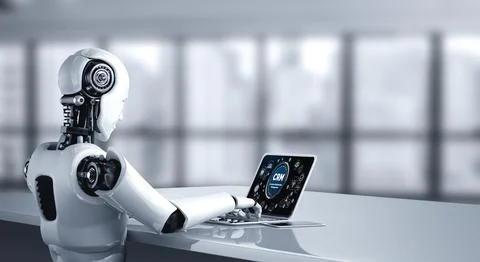 Customer relationship management system on modish computer for CRM business Illustrazione stock