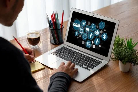 Customer relationship management system on modish computer for CRM business Stock Photos