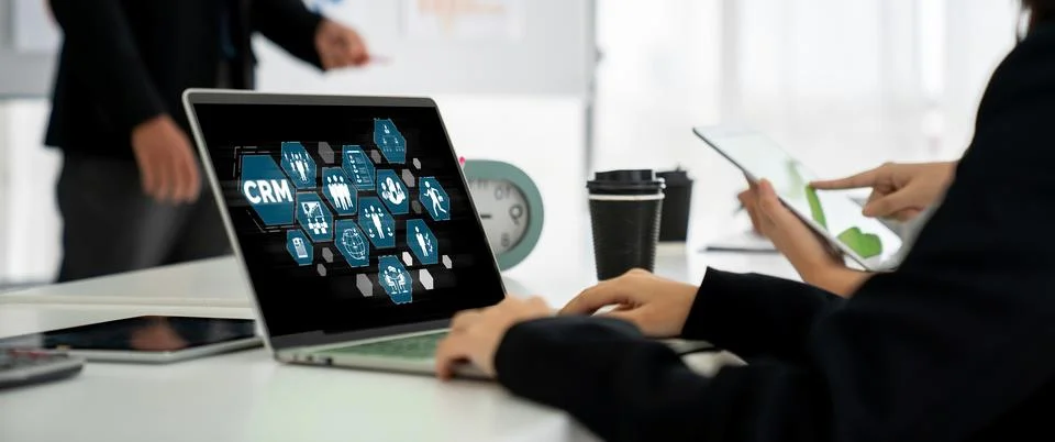Customer relationship management system on modish computer for CRM business Stock Photos