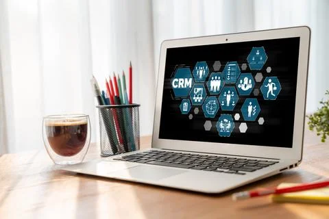Customer relationship management system on modish computer for CRM business Stock Photos