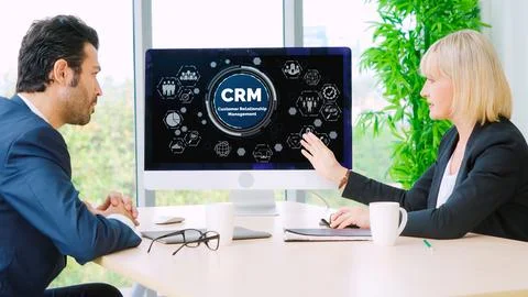 Customer relationship management system on modish computer for CRM business Stock Photos