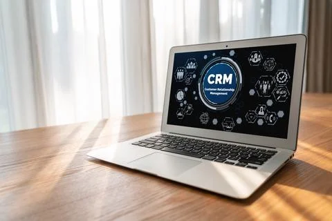 Customer relationship management system on modish computer for CRM business Stockfoto's