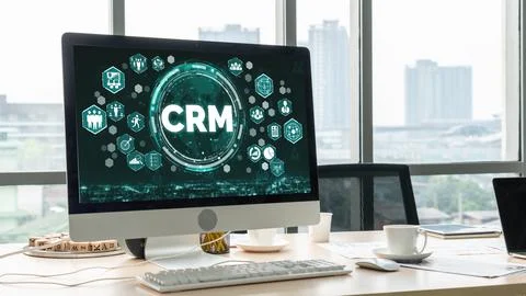 Customer relationship management system on modish computer for CRM business Stock Photos