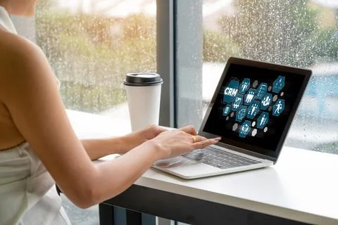 Customer relationship management system on modish computer for CRM business Stock Photos