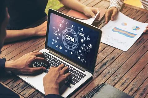 Customer relationship management system on modish computer for CRM business Stock Photos