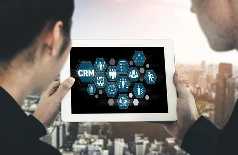 Customer relationship management system on modish computer for CRM business Stock Photos