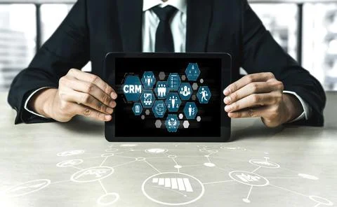 Customer relationship management system on modish computer for CRM business Stock Photos