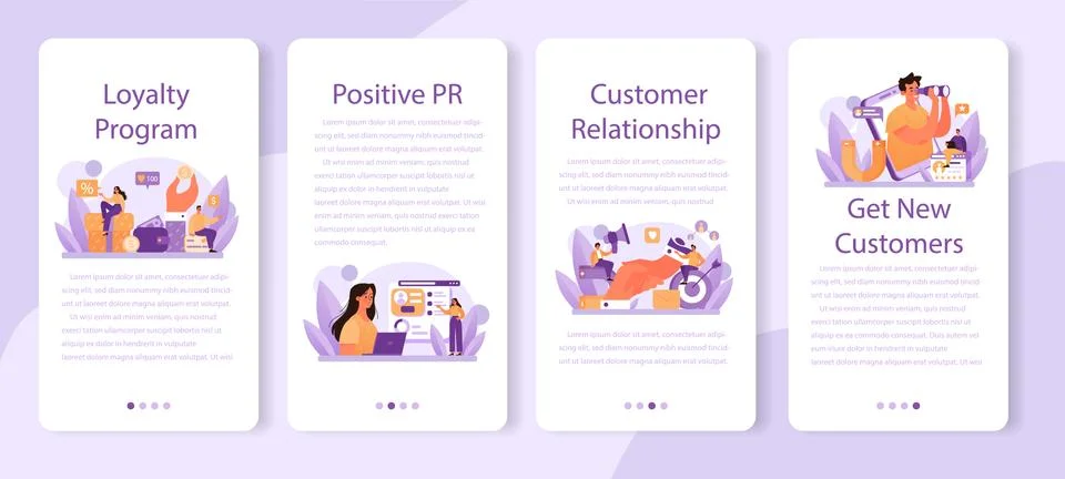 Customer relationship mobile application banner set. Commercial program Stock Illustration