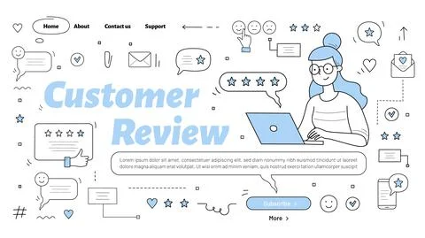 Customer review banner with girl puts feedback Stock Illustration