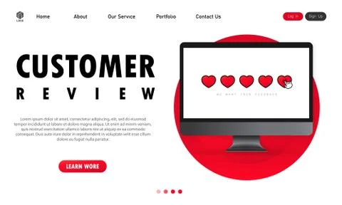 Customer review on computer banner. Giving five star feedback. Clients choosi Stock Illustration