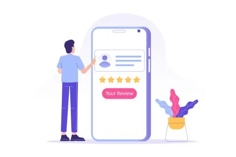 Customer review or feedback concept. Young man giving five star feedback and Stock Illustration