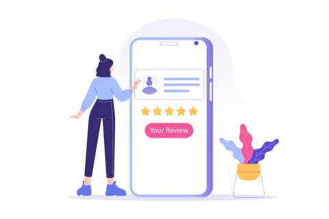 Customer review or feedback concept. Young woman giving five star feedback an Stock Illustration